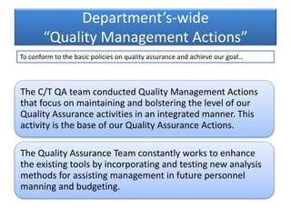 Department’s-wide 
“Quality Management Actions” 
To conform to the basic policies on quality assurance and achieve our goa...