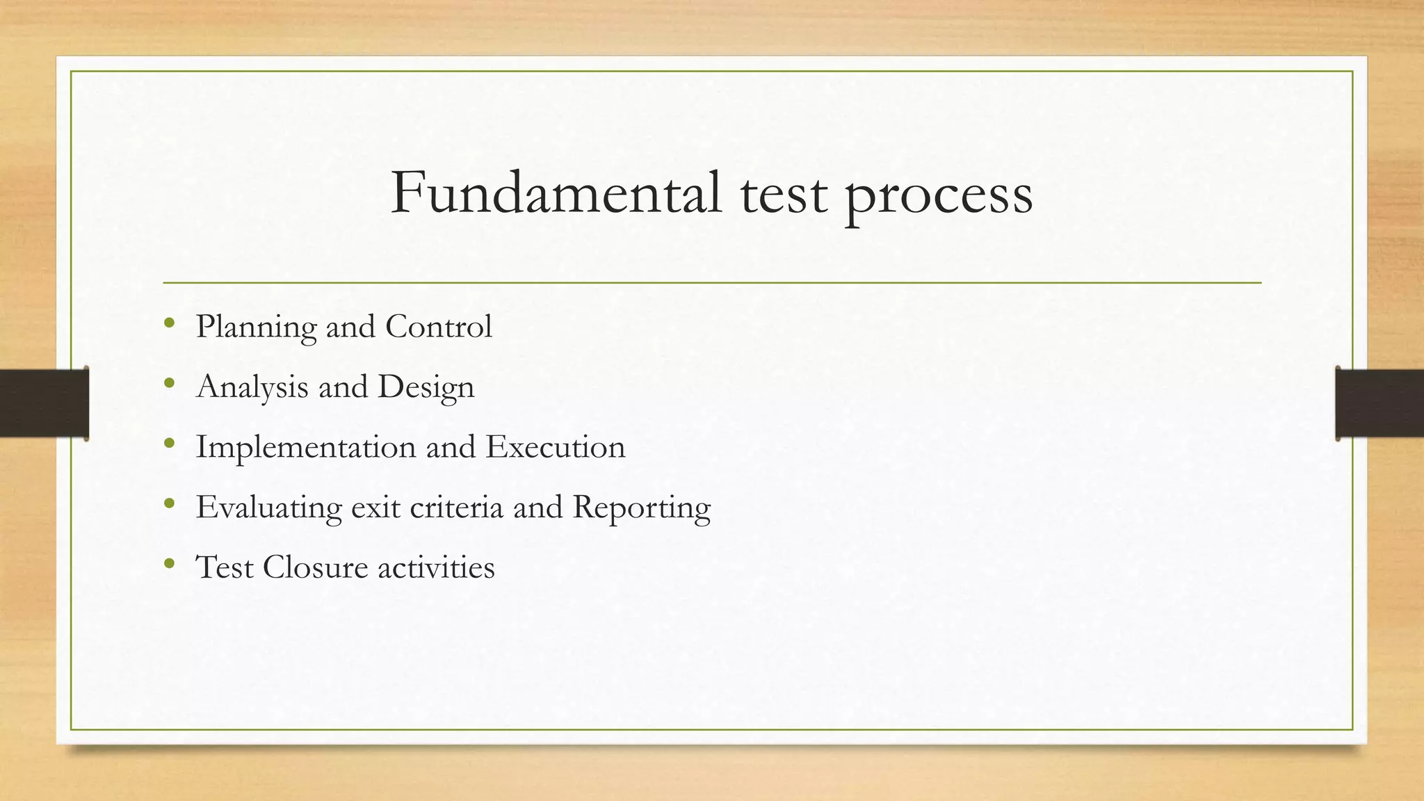 Fundamental test process
• Planning and Control
• Analysis and Design
• Implementation and Execution
• Evaluating exit criteria and Reporting
• Test Closure activities
 