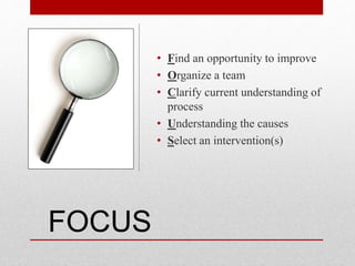 • Find an opportunity to improve
• Organize a team
• Clarify current understanding of
process
• Understanding the causes
• Select an intervention(s)
FOCUS
 