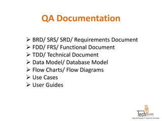 QA Documentation

 BRD/ SRS/ SRD/ Requirements Document
 FDD/ FRS/ Functional Document
 TDD/ Technical Document
 Data Model/ Database Model
 Flow Charts/ Flow Diagrams
 Use Cases
 User Guides
 