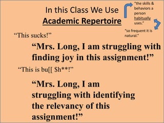 In this Class We Use
Academic Repertoire
“This sucks!”
“Mrs. Long, I am struggling with
finding joy in this assignment!”
“This is bu[[ $h**!”
“Mrs. Long, I am
struggling with identifying
the relevancy of this
assignment!”
“the skills &
behaviors a
person
habitually
uses.”
“so frequent it is
natural.”
 
