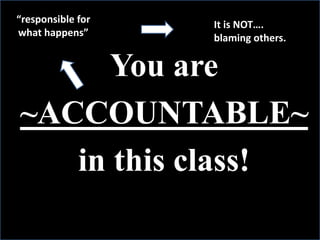 You are
~ACCOUNTABLE~
in this class!
“responsible for
what happens”
It is NOT….
blaming others.
 