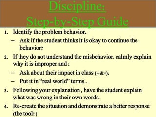Discipline:
Step-by-Step Guide
1. Identify the problem behavior.
– Ask if the student thinks it is okay to continue the
behavior?
2. If they do not understand the misbehavior, calmly explain
why it is improper and :
– Ask about their impact in class (+&-).
– Put it in “real world” terms .
3. Following your explanation , have the student explain
what was wrong in their own words.
4. Re-create the situation and demonstrate a better response
(the tool!)
 