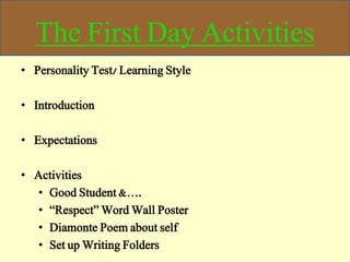 The First Day Activities
• Personality Test/ Learning Style
• Introduction
• Expectations
• Activities
• Good Student &….
• “Respect” Word Wall Poster
• Diamonte Poem about self
• Set up Writing Folders
 
