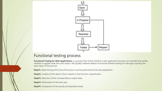 Functional testing process
Functional Testing for Web Applications is a process that checks whether a web application functions as intended and verifies
whether it supplies what the users expect. Aila Quality Software delivers functional software testing for web apps covering the
main steps of this process:
Step#1. Determining which kind of functions must be performed by the web application.
Step#2. Creation of the data-in that is based on the function’s specification.
Step#3. Detection of the correspondence output data.
Step#4. Performance of the test case.
Step#5. Comparison of the actual and expected results.
 