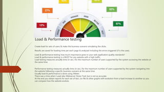 Load & Performance testing
Create load for sets of users & make the business scenario simulating the clicks.
Results are saved for loading time per each page & analyzed including the errors triggered (if is the case).
Load & performance testing how much importance gives to your web application quality standards?
Load & performance testing is a MUST for any website with a high traffic.
Load testing measures actually time (in sec.) for the maximum number of users supported by the system accessing the website at
the same time.
Performance testing measures actually time (in sec.) for the maximum number of users supported by the system navigating into
the website following a specific business scenario at the same time.
Usually load & performance is done using JMeter.
There was a time when I used also Webserver Stress Tool, but is not so accurate.
At the end you obtain reports for each set of test .csv file & other graphs with evolution from a load increase to another so you
can compare how the website evolves.
 