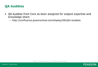 QA buddies

• QA buddies from Core as been assigned for subject expertise and
  knowledge share
   – http://confluence.powerschool.com/display/SR/QA+buddies




                     Copyright © 2010 Pearson Education, Inc. or its affiliates. All rights reserved.   10
 