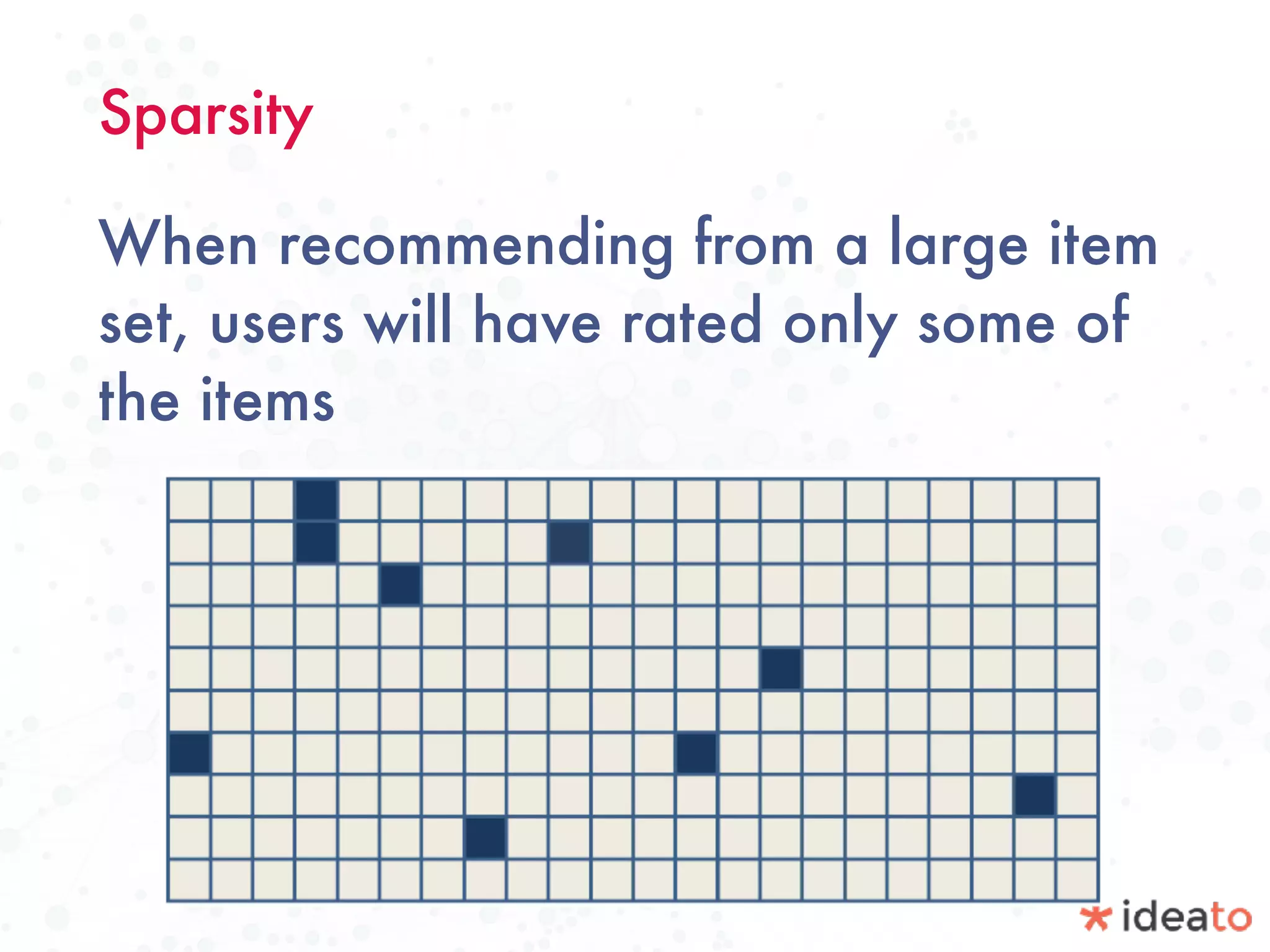 Sparsity
When recommending from a large item
set, users will have rated only some of
the items
 