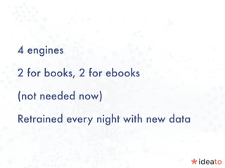 4 engines
2 for books, 2 for ebooks
(not needed now)
Retrained every night with new data
 