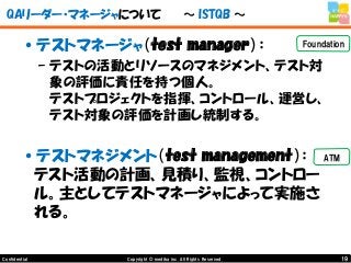 19Copyright © mediba inc. All Rights Reserved.Confidential
QAリーダー・マネージャについて ～ ISTQB ～
•テストマネージャ（test manager）：
– テストの活動とリソースのマネジメント、テスト対
象の評価に責任を持つ個人。
テストプロジェクトを指揮、コントロール、運営し、
テスト対象の評価を計画し統制する。
•テストマネジメント（test management）：
テスト活動の計画、見積り、監視、コントロー
ル。主としてテストマネージャによって実施さ
れる。
Foundation
ATM
 