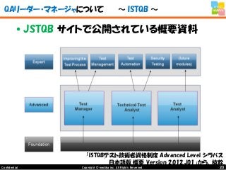 20Copyright © mediba inc. All Rights Reserved.Confidential
QAリーダー・マネージャについて ～ ISTQB ～
•JSTQB サイトで公開されている概要資料
「ISTQBテスト技術者資格制度 Advanced Level シラバス
日本語版 概要 Version 2012.J01」から、抜粋
 