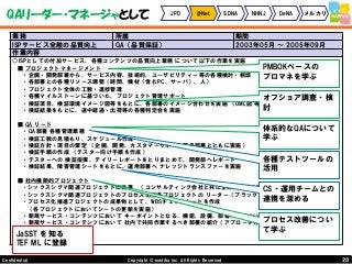 28Copyright © mediba inc. All Rights Reserved.Confidential
QAリーダー・マネージャとして JPD @Net SDNA NHNJ DeNA メルカリ
業務 所属 期間
ISPサービス全般の品質向上 QA（品質保証） 2003年05月 ～ 2005年09月
作業内容
○ISPとしての付加サービス、各種コンテンツの品質向上業務 について以下の作業を実施
■ プロジェクトマネージメント
・企画・開発部署から、サービス内容、技術的、ユーザビリティー等の各種検討・相談
・各部署との各種リソース調整（時間、機材（含むPC、サーバ）、人）
・プロジェクト全体の工数・進捗管理
・各種マイルストーンに基づいた、プロジェクト管理サポート
・検証項目、検証環境イメージ図等をもとに、各部署のイメージ合わせを実施 （UML図 等を使用）
・検証結果をもとに、途中経過・出荷等の各種判定会を実施
■ QA リード
・QA部署 各種管理業務
・検証工数の見積もり、スケジュール作成
・検証方針・項目の策定 （企画、開発、カスタマーサポート等各部署とともに実施）
・検証手順の作成 （テスター向け手順を作成）
・テスターへの 検証指揮、デイリーレポートをとりまとめて、開発部へレポート
・検証結果、障害管理シートをもとに、運用部署へ ナレッジトランスファーを実施
■ 社内横断的プロジェクト
・シックスシグマ関連プロジェクトに従事 （コンサルティング会社と共に全体の統括を実施）
・シックスシグマ関連プロジェクトのプロセス化推進プロジェクトの リーダー（ブラックベルト）を兼任
・プロセス化推進プロジェクトの成果物として、WBSチェックシートを作成
（各プロジェクトにおいてシートの更新を実施）
・新規サービス・コンテンツにおいて キーポイントとなる、機能、設備、部署、人について のアドバイスを実施
・新規サービス・コンテンツにおいて 社内で共同作業するべき部署の紹介（アプローチ方法も含めて相談）
PMBOKベースの
プロマネを学ぶ
体系的なQAについて
学ぶ
プロセス改善につい
て学ぶ
CS・運用チームとの
連携を深める
オフショア調査・検
討
各種テストツールの
活用
JaSST を知る
TEF ML に登録
 