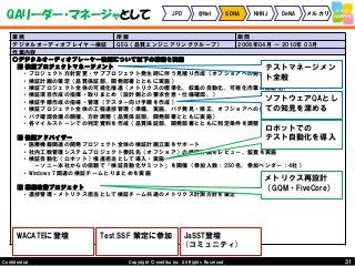 31Copyright © mediba inc. All Rights Reserved.Confidential
QAリーダー・マネージャとして JPD @Net SDNA NHNJ DeNA メルカリ
業務 所属 期間
デジタルオーディオプレイヤー検証 QEG（品質エンジニアリンググループ） 2008年04月 ～ 2010年 03月
作業内容
○デジタルオーディオプレーヤー検証について以下の業務を実施
■ 検証プロジェクトマネージメント
・プロジェクト方針変更・サブプロジェクト発生時に伴う見積り作成（オフショアへの発注も含む）
・検証計画の策定（品質保証部、開発部署とともに実施）
・検証プロジェクト全体の可視化推進（メトリクスの標準化、収集の自動化、可視化作業の簡略化）
・検証項目作成の指揮・取りまとめ（設計側との要求合意・仕様確認、）
・検証手順作成の指導・管理（テスター向け手順を作成）
・検証プロジェクト全体の工程進捗管理（準備、実施、バグ発見・修正、オフショアへの指示・調整）
・バグ確認会議の開催、方針調整（品質保証部、開発部署とともに実施）
・各マイルストーンでの判定資料を作成（品質保証部、開発部署とともに判定条件を調整）
■ 検証アドバイザー
・医療機器関連の開発プロジェクト全体の検証計画立案をサポート
・社内工数管理システムプロジェクト委託先（オフショア）の検証計画をレビュー、監査を実施
・検証自動化（ロボット）推進担当として導入・実施
－ソニー本社からの依頼で「検証自動化サミット」を開催（参加人数：250名、参加ベンダー：4社）
・Windows 7関連の検証チームとりまとめを実施
■ 業務改善プロジェクト
・進捗管理・メトリクス担当として検証チーム共通のメトリクス計測方針を策定
テストマネージメン
ト全般
ソフトウェアQAとし
ての知見を深める
WACATEに登壇 Test.SSF 策定に参加 JaSST登壇
(コミュニティ)
ロボットでの
テスト自動化を導入
メトリクス再設計
（GQM・FiveCore）
 