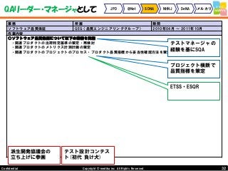 32Copyright © mediba inc. All Rights Reserved.Confidential
QAリーダー・マネージャとして JPD @Net SDNA NHNJ DeNA メルカリ
業務 所属 期間
ソフトウェア品質保証 QEG（品質エンジニアリンググループ） 2010年04月 ～ 2011年10月
作業内容
○ソフトウェア品質保証について以下の業務を実施
・関連プロダクトの出荷判定基準の策定・再検討
・関連プロダクトのメトリクス計測計画の策定
・関連プロダクトのプロジェクトのプロセス・プロダクト品質指標から妥当性確認方法を策定
派生開発協議会の
立ち上げに参画
テスト設計コンテス
ト(初代 負け犬)
プロジェクト横断で
品質指標を策定
テストマネージャの
経験を基にSQA
ETSS・ESQR
 