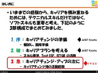 9Copyright © mediba inc. All Rights Reserved.Confidential
はじめに
•いままでの経験から、キャリアを積み重ねる
ためには、テクニカルスキルだけではなく、
ソフトスキルも重要と考え、下記のように
3部構成でまとめてみました。
1. 序 ： キャリアチェンジの準備
– 棚卸し、面接準備
2. 破 ： キャリアプランを考える
– スキル標準、Test.SSF、ISTQB の活用
3. 急 ： キャリアチェンジ・アップの次に
– キャリアチェンジ後の活動経験
イマココ
JaSST Kyushu
JaSST Kyushu
 