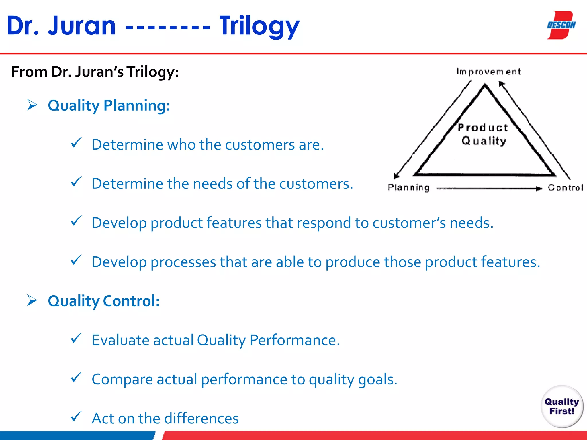 Dr. Juran -------- Trilogy
From Dr. Juran’s Trilogy:

 Quality Planning:
 Determine who the customers are.
 Determine the needs of the customers.
 Develop product features that respond to customer’s needs.
 Develop processes that are able to produce those product features.
 Quality Control:
 Evaluate actual Quality Performance.
 Compare actual performance to quality goals.
 Act on the differences

 