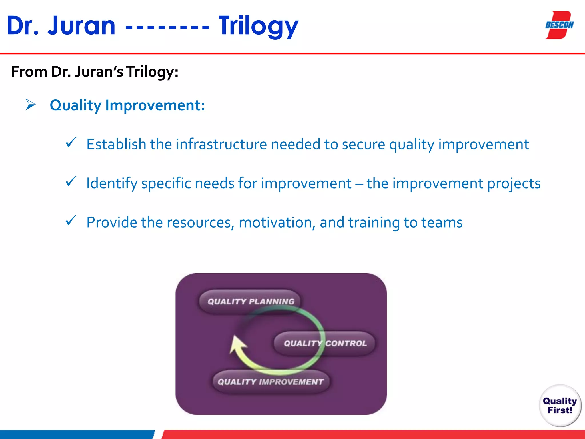 Dr. Juran -------- Trilogy
From Dr. Juran’s Trilogy:

 Quality Improvement:
 Establish the infrastructure needed to secure quality improvement
 Identify specific needs for improvement – the improvement projects
 Provide the resources, motivation, and training to teams

 