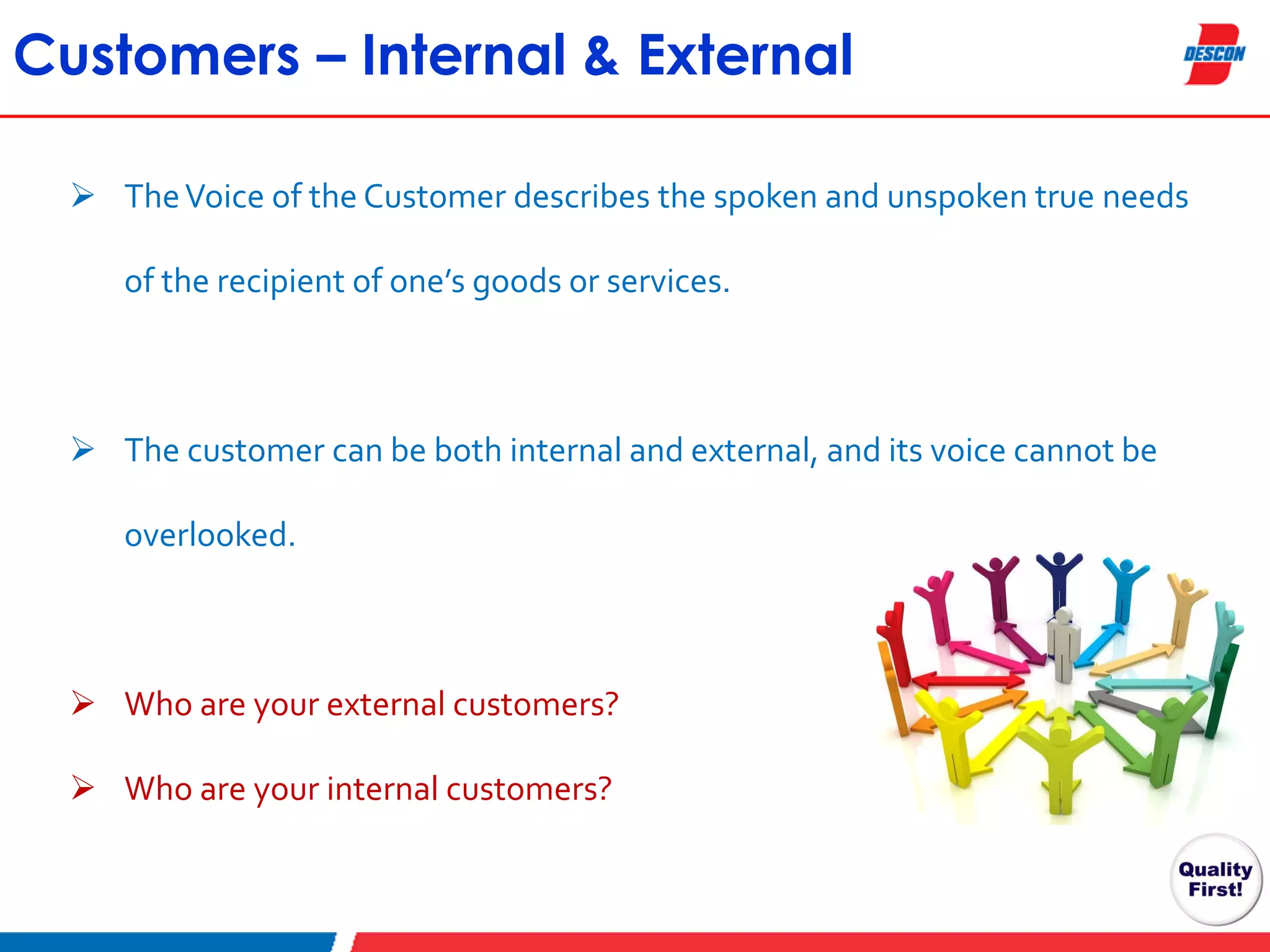 Customers – Internal & External
 The Voice of the Customer describes the spoken and unspoken true needs
of the recipient of one’s goods or services.

 The customer can be both internal and external, and its voice cannot be
overlooked.

 Who are your external customers?
 Who are your internal customers?

 