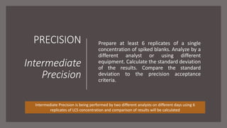 PRECISION
Intermediate
Precision
Prepare at least 6 replicates of a single
concentration of spiked blanks. Analyze by a
different analyst or using different
equipment. Calculate the standard deviation
of the results. Compare the standard
deviation to the precision acceptance
criteria.
Intermediate Precision is being performed by two different analysts on different days using 6
replicates of LCS concentration and comparison of results will be calculated
 