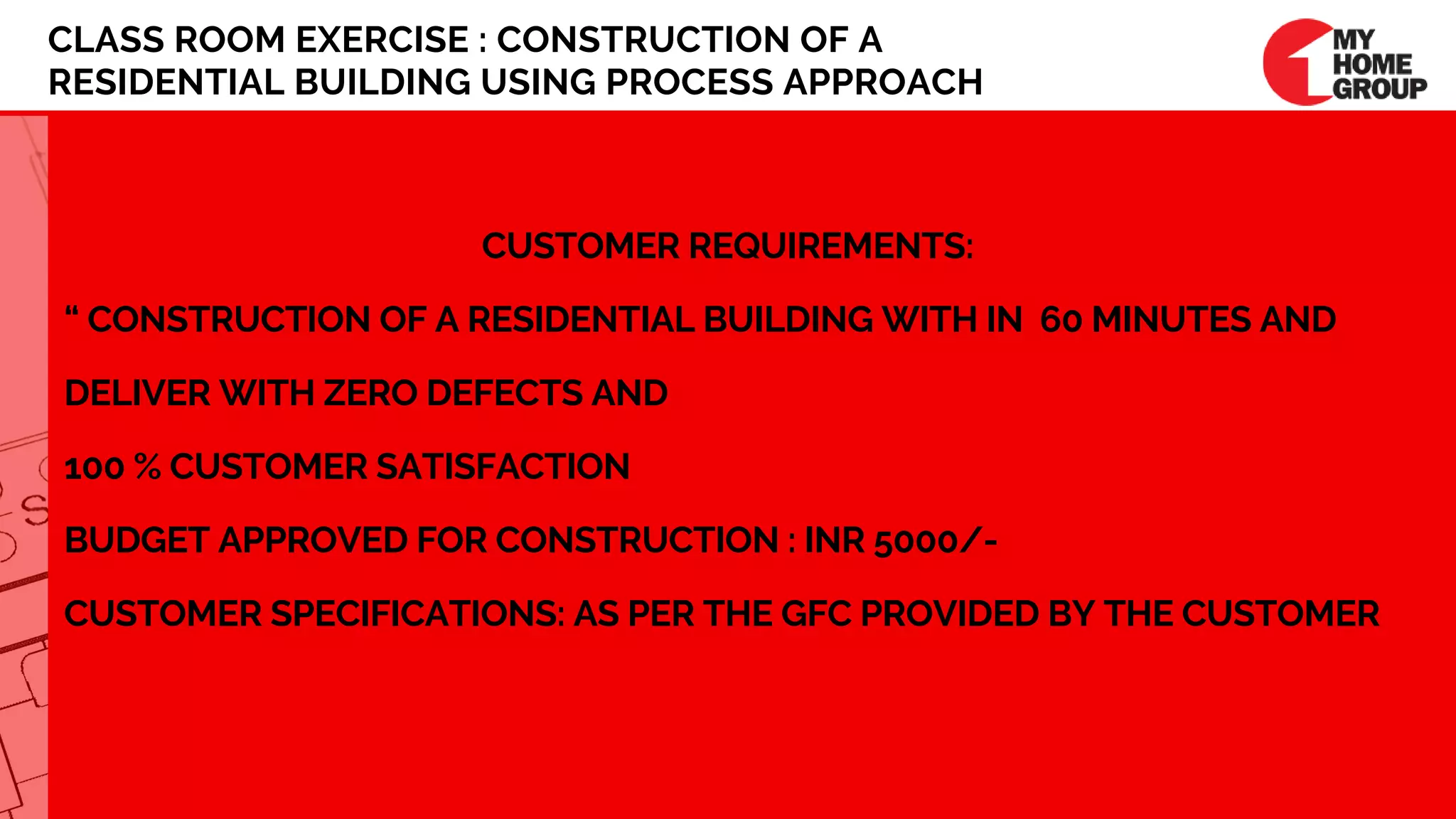CUSTOMER REQUIREMENTS: 
“ CONSTRUCTION OF A RESIDENTIAL BUILDING WITH IN  60 MINUTES AND
DELIVER WITH ZERO DEFECTS AND
100 % CUSTOMER SATISFACTION
BUDGET APPROVED FOR CONSTRUCTION : INR 5000/- 
CUSTOMER SPECIFICATIONS: AS PER THE GFC PROVIDED BY THE CUSTOMER
CLASS ROOM EXERCISE : CONSTRUCTION OF A
RESIDENTIAL BUILDING USING PROCESS APPROACH
 