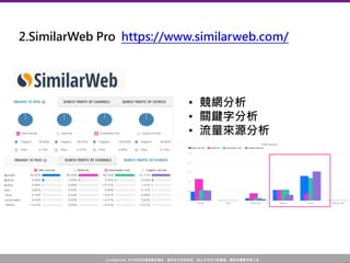 Confidential! 本內容包含講者機密資訊，請您恪守保密義務，禁止任何形式的傳播、複製或傳閱予第三者。
2.SimilarWeb Pro https://www.similarweb.com/
• 競網分析
• 關鍵字分析
• 流量來源分析
 