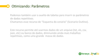 O"mizando: Parâmetros
19
Podemos também usar o auxílio de tabelas para inserir os parâmetros
de dados repetitivos.
Chamamos esse recurso de “Esquema do cenário” (Scenario Outline).
Este recurso permite até usarmos dados de um arquivo (txt, xls, csv,
json, etc) ou banco de dados, diminuindo ainda mais trabalhos
repetitivos, como uma grande massa de dados.
 