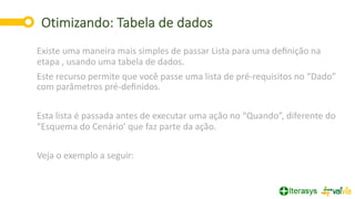 Otimizando: Tabela de dados
21
Existe uma maneira mais simples de passar Lista para uma deﬁnição na
etapa , usando uma tabela de dados.
Este recurso permite que você passe uma lista de pré-requisitos no “Dado”
com parâmetros pré-deﬁnidos.
Esta lista é passada antes de executar uma ação no “Quando”, diferente do
“Esquema do Cenário’ que faz parte da ação.
Veja o exemplo a seguir:
 