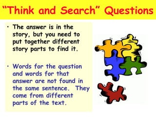 “Think and Search” Questions 
• The answer is in the 
story, but you need to 
put together different 
story parts to find it. 
• Words for the question 
and words for that 
answer are not found in 
the same sentence. They 
come from different 
parts of the text. 
 