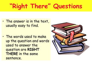 “Right There” Questions 
• The answer is in the text, 
usually easy to find. 
• The words used to make 
up the question and words 
used to answer the 
question are RIGHT 
THERE in the same 
sentence. 
 