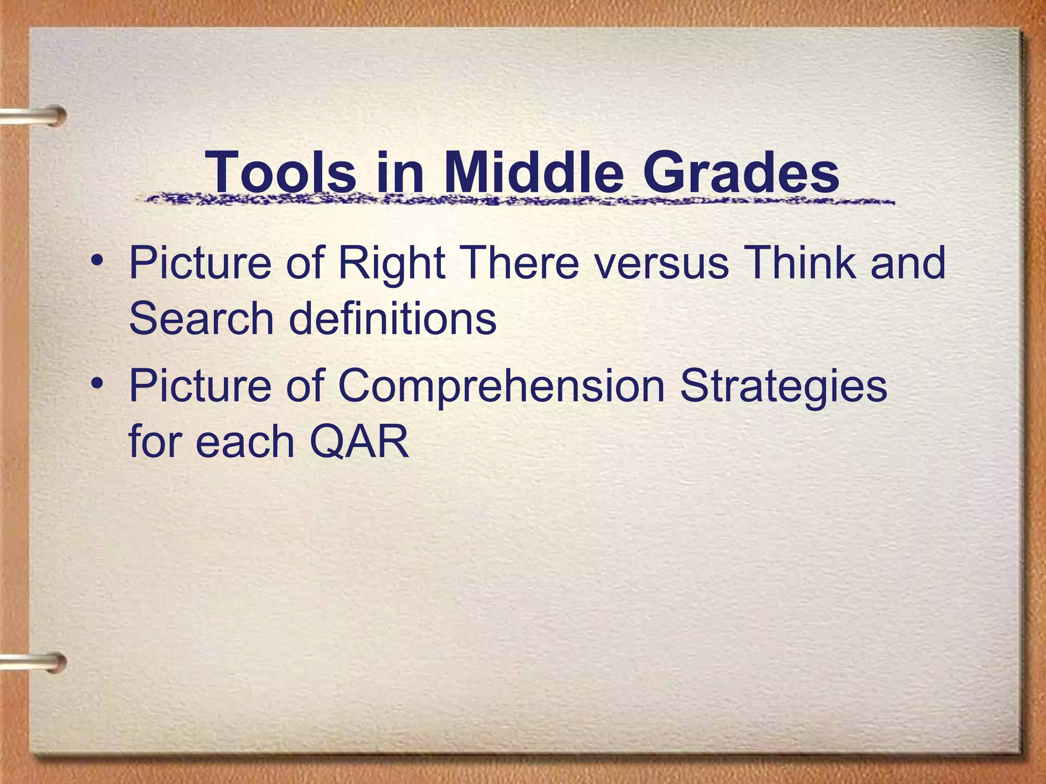 Tools in Middle Grades
• Picture of Right There versus Think and
Search definitions
• Picture of Comprehension Strategies
for each QAR
 