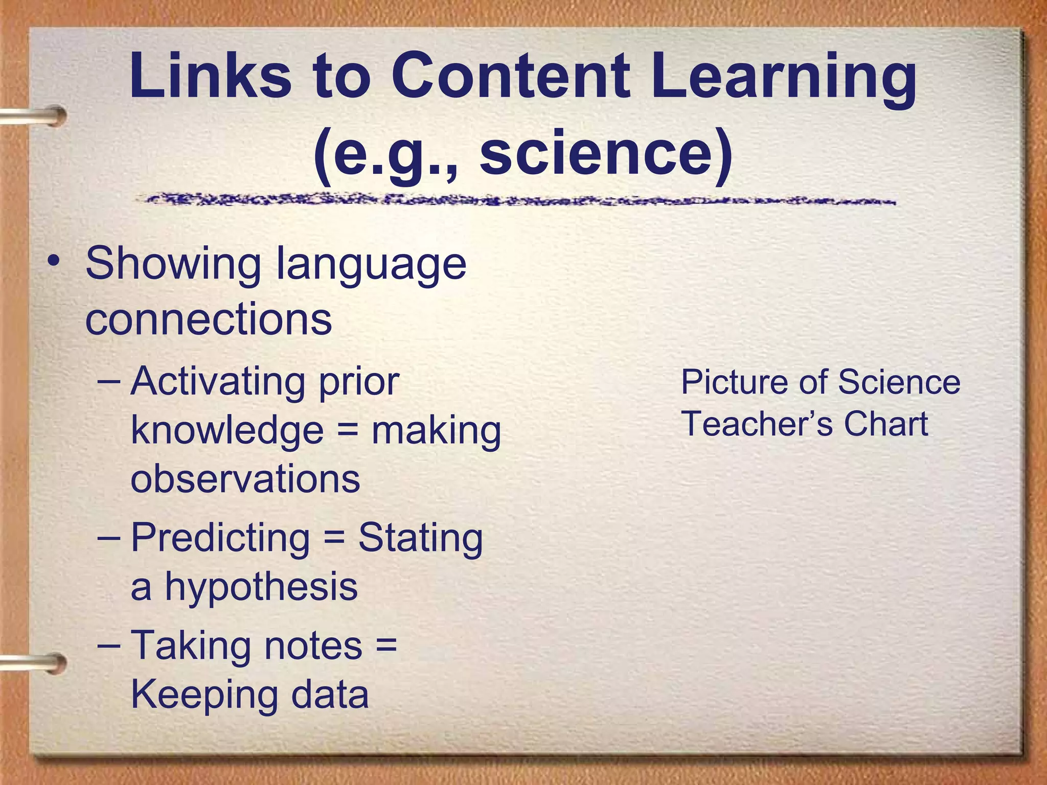 Links to Content Learning
(e.g., science)
• Showing language
connections
– Activating prior
knowledge = making
observations
– Predicting = Stating
a hypothesis
– Taking notes =
Keeping data
Picture of Science
Teacher’s Chart
 