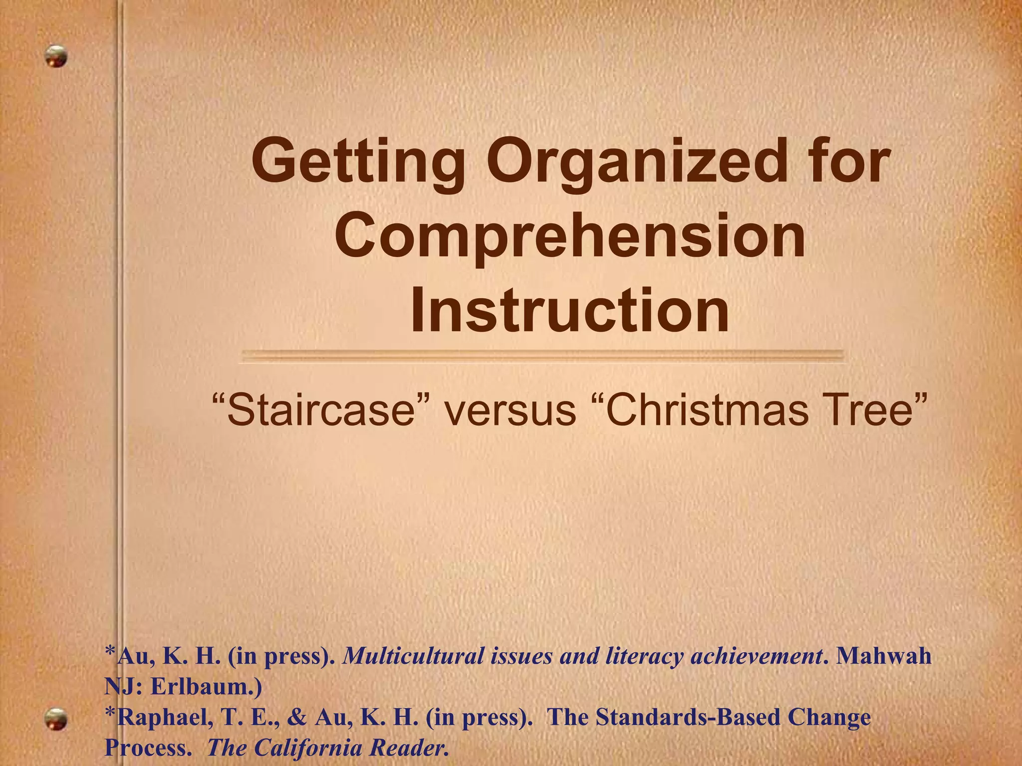 *Au, K. H. (in press). Multicultural issues and literacy achievement. Mahwah
NJ: Erlbaum.)
*Raphael, T. E., & Au, K. H. (in press). The Standards-Based Change
Process. The California Reader.
Getting Organized for
Comprehension
Instruction
“Staircase” versus “Christmas Tree”
 