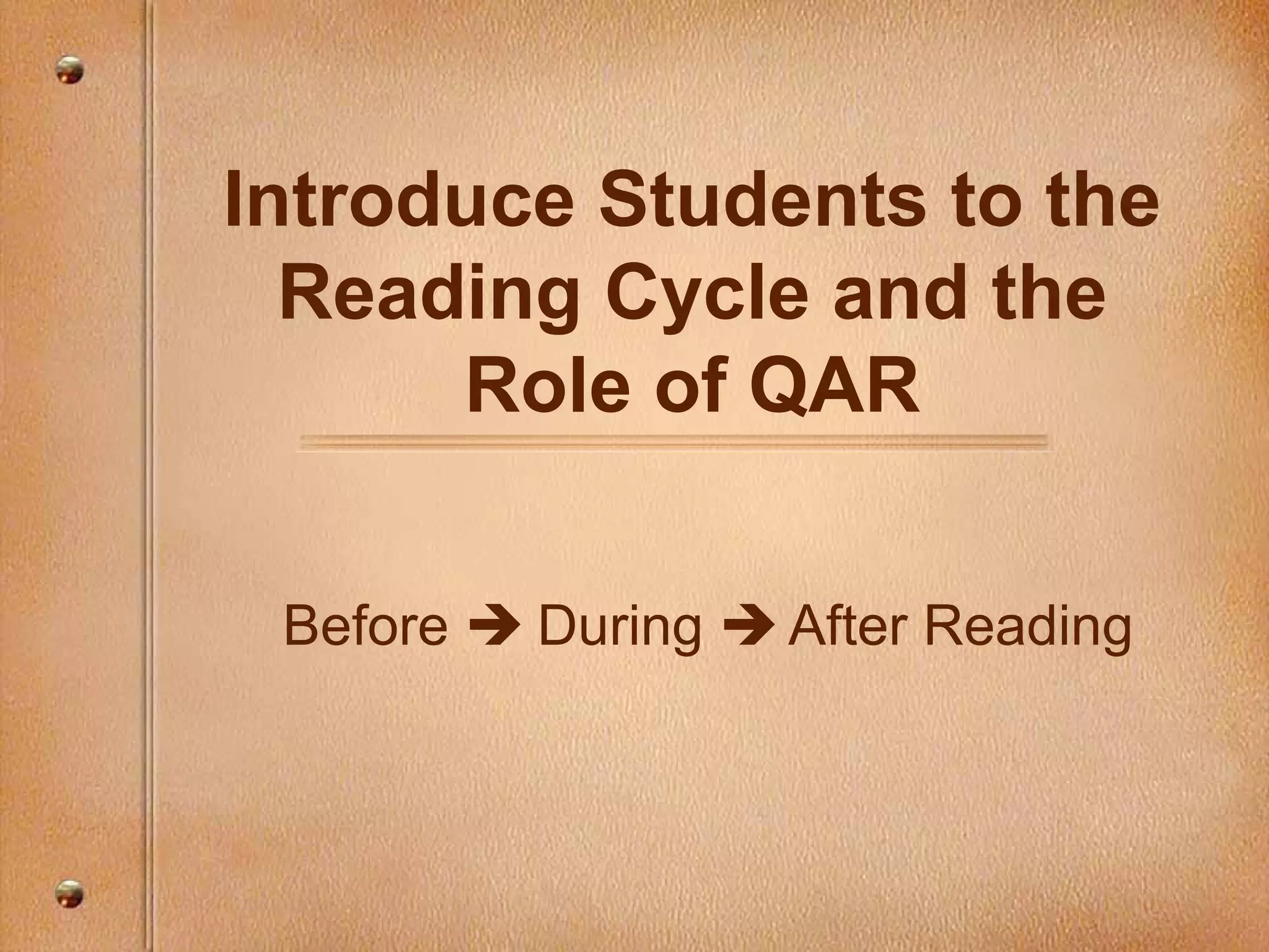 Introduce Students to the
Reading Cycle and the
Role of QAR
Before  During  After Reading
 