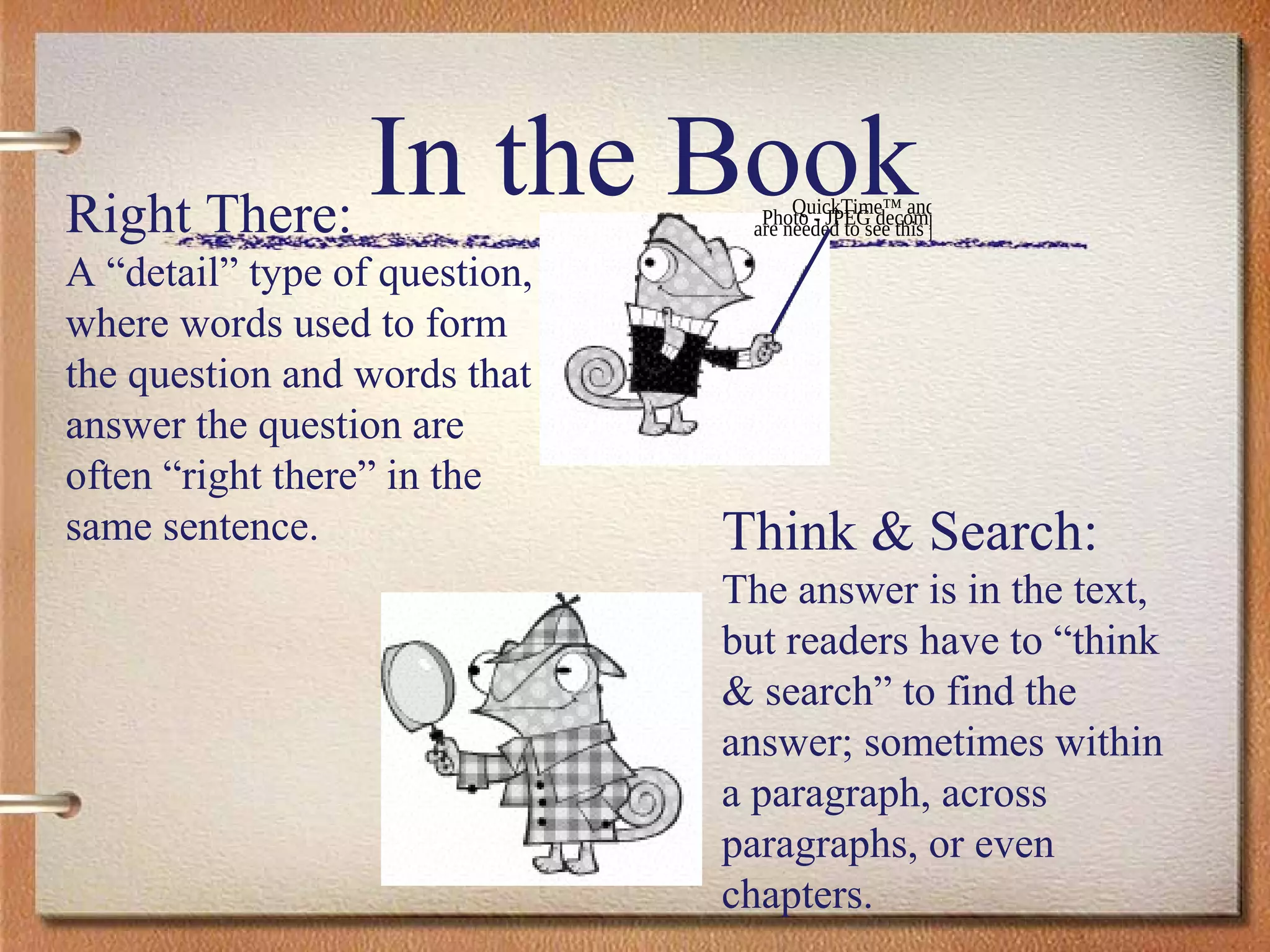 In the BookRight There:
A “detail” type of question,
where words used to form
the question and words that
answer the question are
often “right there” in the
same sentence.
QuickTime™ and aPhoto - JPEG decompressor
are needed to see this picture.
Think & Search:
The answer is in the text,
but readers have to “think
& search” to find the
answer; sometimes within
a paragraph, across
paragraphs, or even
chapters.
 
