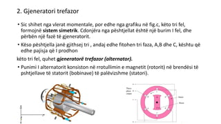 2. Gjeneratori trefazor
• Sic shihet nga vlerat momentale, por edhe nga grafiku në fig.c, këto tri fel,
formojnë sistem simetrik. Cdonjëra nga pështjellat është një burim I fel, dhe
përbën një fazë të gjeneratorit.
• Këso pështjella janë gjithsej tri , andaj edhe fitohen tri faza, A,B dhe C, kështu që
edhe pajisja që I prodhon
këto tri fel, quhet gjeneratorë trefazor (alternator).
• Punimi I alternatorit konsiston në rrotullimin e magnetit (rotorit) në brendësi të
pshtjellave të statorit (bobinave) të palëvizshme (statori).
 