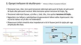 3. Qarqet trefazore të ekulibruara - mënyra e lidhjes së qarqeve trefazore
• Tensionet Uan, Ubn, Ucn janë tensionet ndërmjet përcuesit të fazës në përcuesit
të fazës dhe përcuesit neutral. Këto tensione quhen tensione të linjës, fig.
• Tensionet ndërmjet fazave, a,b dhe c, Uab, Ubc, Uca quhen tensione të linjës.
• Ngjashëm me lidhjen e pështjellave të gjeneratorit lidhen edhe shpenzuesit. Ata
mund të lidhen në yll dhe në trekëndësh.
• Shpenzuesi është simetrik nëse impedancat e të tri fazave janë të njejta për nga
amplituda dhe faza.
 