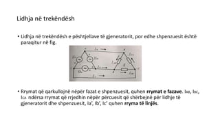 Lidhja në trekëndësh
• Lidhja në trekëndësh e pështjellave të gjeneratorit, por edhe shpenzuesit është
paraqitur në fig.
• Rrymat që qarkullojnë nëpër fazat e shpenzuesit, quhen rrymat e fazave. IAB, IBC,
ICA ndërsa rrymat që rrjedhin nëpër përcuesit që shërbejnë për lidhje të
gjeneratorit dhe shpenzuesit, Ia’, Ib’, Ic’ quhen rryma të linjës.
 