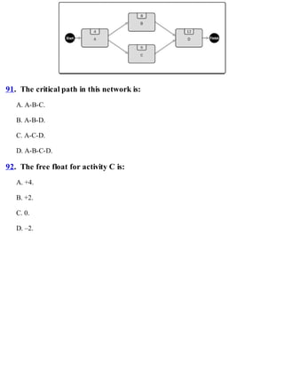 91. The critical path in this network is:
A. A-B-C.
B. A-B-D.
C. A-C-D.
D. A-B-C-D.
92. The free float for activity C is:
A. +4.
B. +2.
C. 0.
D. –2.
 