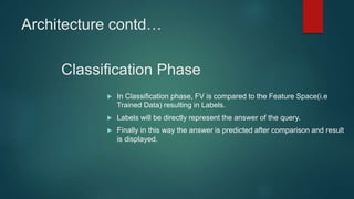 Architecture contd…
 In Classification phase, FV is compared to the Feature Space(i.e
Trained Data) resulting in Labels.
 Labels will be directly represent the answer of the query.
 Finally in this way the answer is predicted after comparison and result
is displayed.
Classification Phase
 