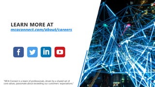 LEARN MORE AT
mcaconnect.com/about/careers
“MCA Connect is a team of professionals, driven by a shared set of
core values, passionate about exceeding our customers’ expectations.”
 