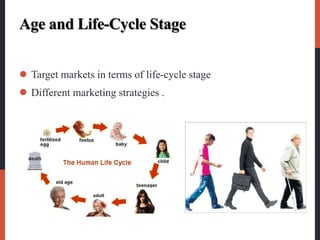 Age and Life-Cycle Stage
 Target markets in terms of life-cycle stage
 Different marketing strategies .
 