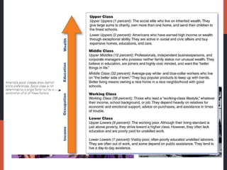 Social Class
 Social classes are society’s relatively permanent
and ordered divisions whose members share
similar values, interests, and behaviors.
 
