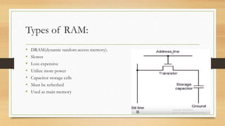 Types of RAM:
• DRAM(dynamic random access memory).
• Slower
• Loss expensive
• Utilize more power
• Capacitor storage cells
• Must be refreshed
• Used as main memory
 
