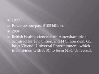    1998:
   Revenues surpass $100 billion.
   2004:
   British health sciences firm Amersham plc is
    acquired for $9.5 billion; in $14 billion deal, GE
    buys Vivendi Universal Entertainment, which
    is combined with NBC to form NBC Universal.
 