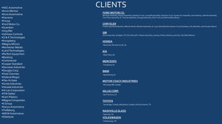 CLIENTS•AGC Automotive
•Arvin Meritor
•Dura Automotive
•Faurecia
•Ficosa
•Ford Motor Co.
•Guardian
•Jing Mei
•Johnson Controls
•O & KTechnologies
•Kongsberg
•Magna Mirrors
•Rochester Metals
•LairdTechnologies
•Perfect Equipment
•Baolong
•Continental
•Cooper Standard
•Decostar Industries
•Douglas Corp.
•Faist Chemtec
•Federal Mogul
•Flex-N-Gate
•Grote Industries
•Harada Industries
•Hi-Lex Corporation
•ITW Deltar
•Kam Plastics
•Magna Composites
•S Group
•Sanyo Automotive
•Trelleborg
•WKW Automotive
•Zeledyne
FORD MOTOR CO.
Michigan Assembly, Wayne Assembly, Dearborn Truck, Louisville Assembly, Kentucky Truck, Kansas City Assembly, Auto Alliance, Oakville Assembly,
Twin Cities Assembly, St. Thomas Assembly, Chicago Assembly, Ohio Truck, and Hermosillio, Mexico
CHRYSLER
Toledo Jeep (North/South), Jefferson North, Windsor Assembly, St. Louis (North/South), Warren Truck, Brampton, CN, Belvidere, and Chrysler Mexico
GM
Orion Assembly, Arlington, TX, Flint, MI and Ft. Wayne Assembly, Lansing, Fairfax, Oshawa, and Cami, CN, GM of Mexico
HONDA
Marysville, OH and Lincoln, AL
KIA
West Point, GA
MERCEDES
Tuscaloosa, AL
BMW
Spartanburg, SC
MOTOR COACH INDUSTRIES
Winnipeg, MB, Canada
GILLIG CORP.
San Francisco, CA
TOYOTA
Cambridge, Canada, Woodstock, Canada, and San Antonio, TX
NASHVILLE GLASS
Nashville, TN
VOLKSWAGEN
Chattanooga, TN
 