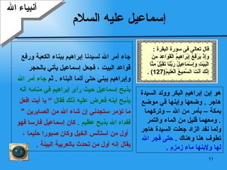 إسماعيل عليه السلام ‏ وفد عليها كثير من الناس  وكبر اسماعيل  حتى   جاء أمر الله لسيدنا إبراهيم ببناء الكعبة ورفع  قواعد البيت   ، فجعل إسماعيل يأتي بالحجر  وإبراهيم يبني حتى أتما البناء   .   ثم   جاء أمر الله  بذبح إسماعيل حيث رأى إبراهيم في منامه   أنه  يذبح ابنه فعرض عليه ذلك فقال  ”   يا أبت افعل  ما تؤمر ستجدني إن شاء الله من الصابرين   "   ففداه الله بذبح   عظيم   .  كان إسماعيل فارسا فهو أول من استأنس الخيل وكان صبورا حليما   ،  يقال إنه أول من تحدث بالعربية البينة   . أنبياء الله هو  إ بن إبراهيم البكر   وولد السيدة  هاجر   .  وضعها   و إ بنها في موضع  ب مكة – بأمر من الله – وتركهما ومعهما قليل من   الماء والتمر   . ولما نفد الزاد جعلت السيدة هاجر تطوف هنا وهناك   .  حتى  فجر الله لها ولإبنها  ماء زمزم   . قال تعالى فى سورة البقرة  : وَإِذْ يَرْفَعُ إِبْرَاهِيمُ الْقَوَاعِدَ مِنَ الْبَيْتِ وَإِسْمَاعِيلُ رَبَّنَا تَقَبَّلْ مِنَّا إِنَّكَ أَنْتَ السَّمِيعُ الْعَلِيمُ (127) . 