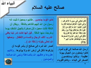 صالح عليه السلام  كانوا قوما جاحدين  .  طالبوه بمعجزة تثبت انه  رسول من الله إليهم فآتاهم بالناقة  .  ويقال أن  الناقة كانت معجزه لأن صخرة بالجبل انشقت يوما  وخرجت منها الناقة  .  قيل أنها كانت تدر لبنا يكفى لشرب آلاف الرجال والنساء والأطفال ، وصفها  الله تعالى بقوله  (  ناقة الله  ) . أصدر الله أمره إلى صالح أن يأمر قومه أن  يتركوها تأكل فى أرض الله ولا يؤذوها  .  ولكنهم  عقروها وعاقبهم الله بالصاعقة ونجى الله صالحا والمؤمنين  . أنبياء الله أرسل الله صالحا إلى قوم ثمود .  كانوا ينحتون من الجبال بيوتا عظيمة ، وكانوا يستخدمون الصخر فى البناء ، وكانواأقوياء  قال تعالى فى سورة الأعراف  : وَإِلَى ثَمُودَ أَخَاهُمْ صَالِحًا قَالَ يَا قَوْمِ اعْبُدُوا اللَّهَ مَا لَكُمْ مِنْ إِلَهٍ غَيْرُهُ قَدْ جَاءَتْكُمْ بَيِّنَةٌ مِنْ رَبِّكُمْ هَذِهِ نَاقَةُ اللَّهِ لَكُمْ آيَةً فَذَرُوهَا تَأْكُلْ فِي أَرْضِ اللَّهِ وَلَا تَمَسُّوهَا بِسُوءٍ فَيَأْخُذَكُمْ عَذَابٌ أليم  * (73) 