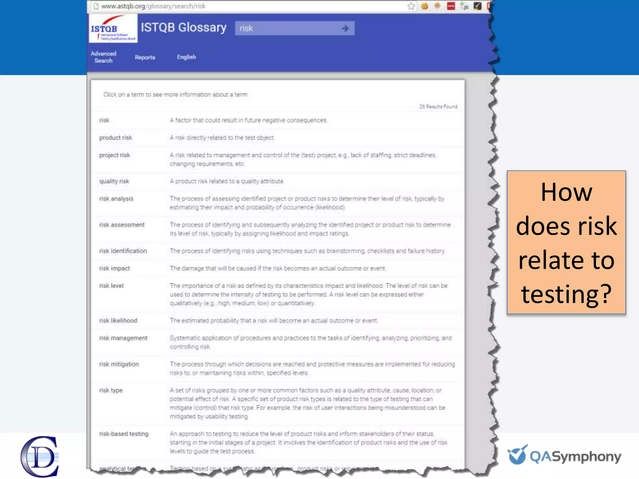 Risk & Testing
Join the conversation – use the hashtag #TBD on Twitter
How
does risk
relate to
testing?
 