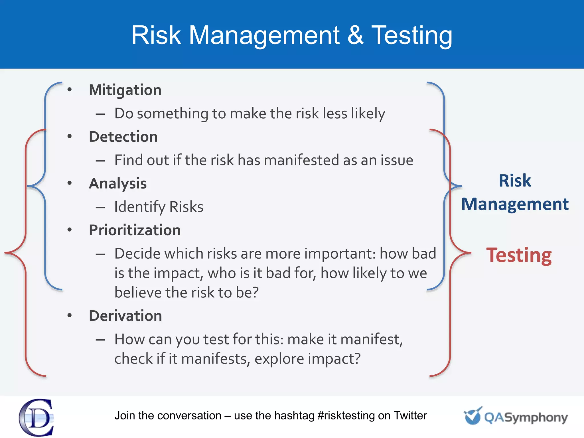 Risk Management & Testing
• Mitigation
– Do something to make the risk less likely
• Detection
– Find out if the risk has manifested as an issue
• Analysis
– Identify Risks
• Prioritization
– Decide which risks are more important: how bad
is the impact, who is it bad for, how likely to we
believe the risk to be?
• Derivation
– How can you test for this: make it manifest,
check if it manifests, explore impact?
Risk
Management
Testing
Join the conversation – use the hashtag #risktesting on Twitter
 