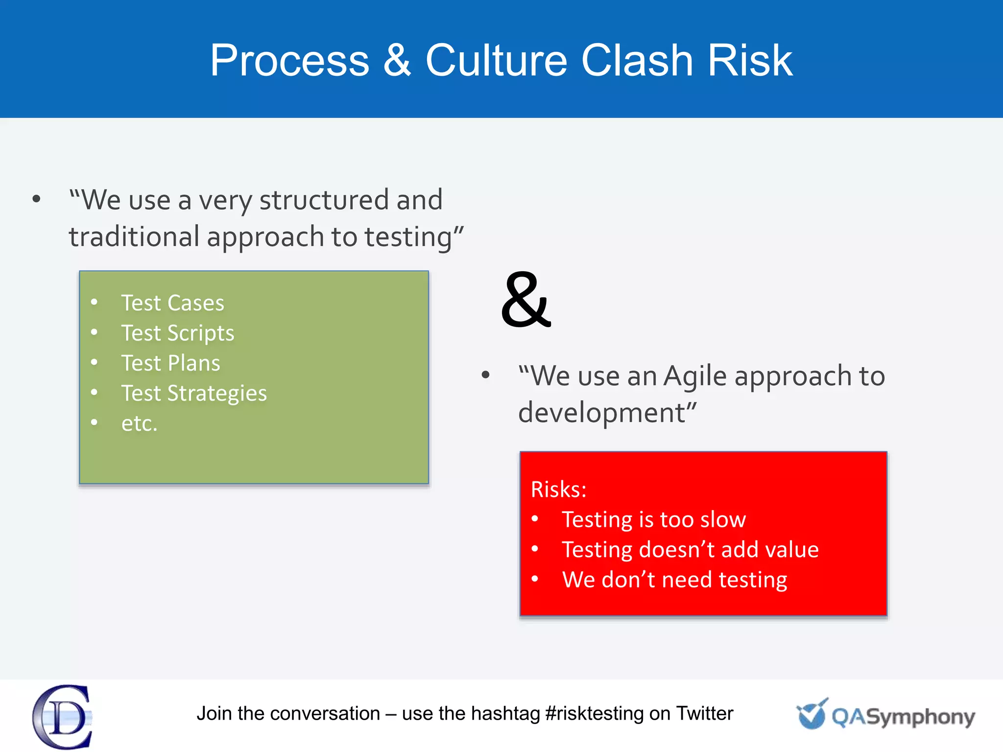 Process & Culture Clash Risk
• “We use a very structured and
traditional approach to testing”
Risks:
• Testing is too slow
• Testing doesn’t add value
• We don’t need testing
• Test Cases
• Test Scripts
• Test Plans
• Test Strategies
• etc.
• “We use an Agile approach to
development”
&
Join the conversation – use the hashtag #risktesting on Twitter
 